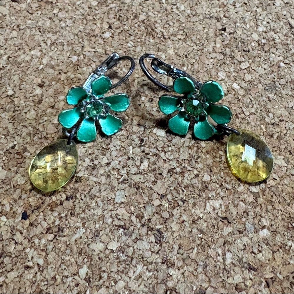 Vintage Green Enamel Rhinestone Flower Cluster Pierced Earrings